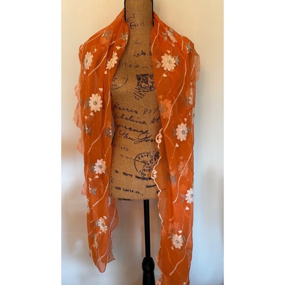 Orange Floral Embroidered Sheer Scarf Wrap Shawl - Picture 5 of 12